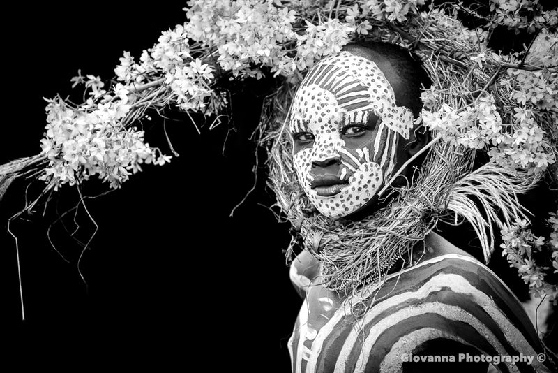 ABEBE - Suri boy with crown of flowers (BLACK & WHITE)